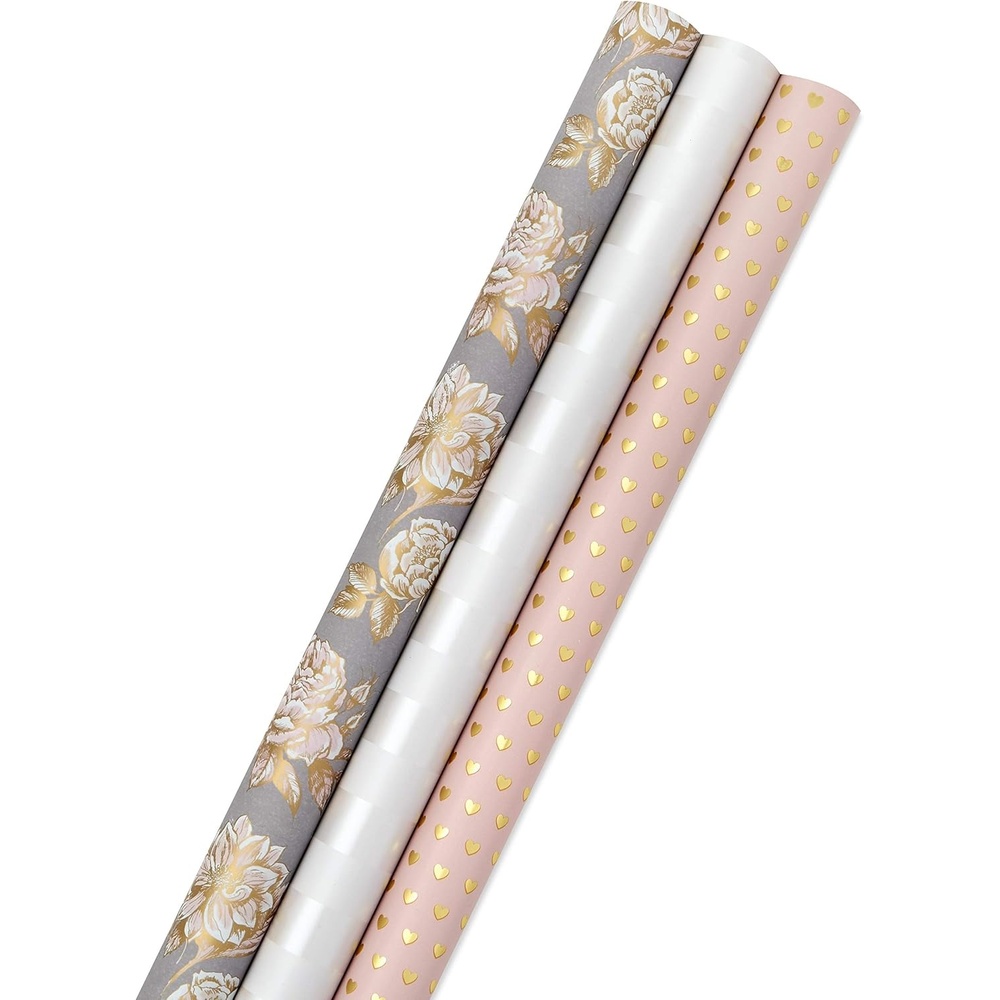 image:imageHallmark Wedding Wrapping Paper Rolls  Gold Hearts Rose Flowers White Stripes Gift Wrap Paper Set of 3 Rolls 85 sq ft ttl for Bridal Showers Birthdays Weddings Mothers Day Valentines DayLight Pink  White