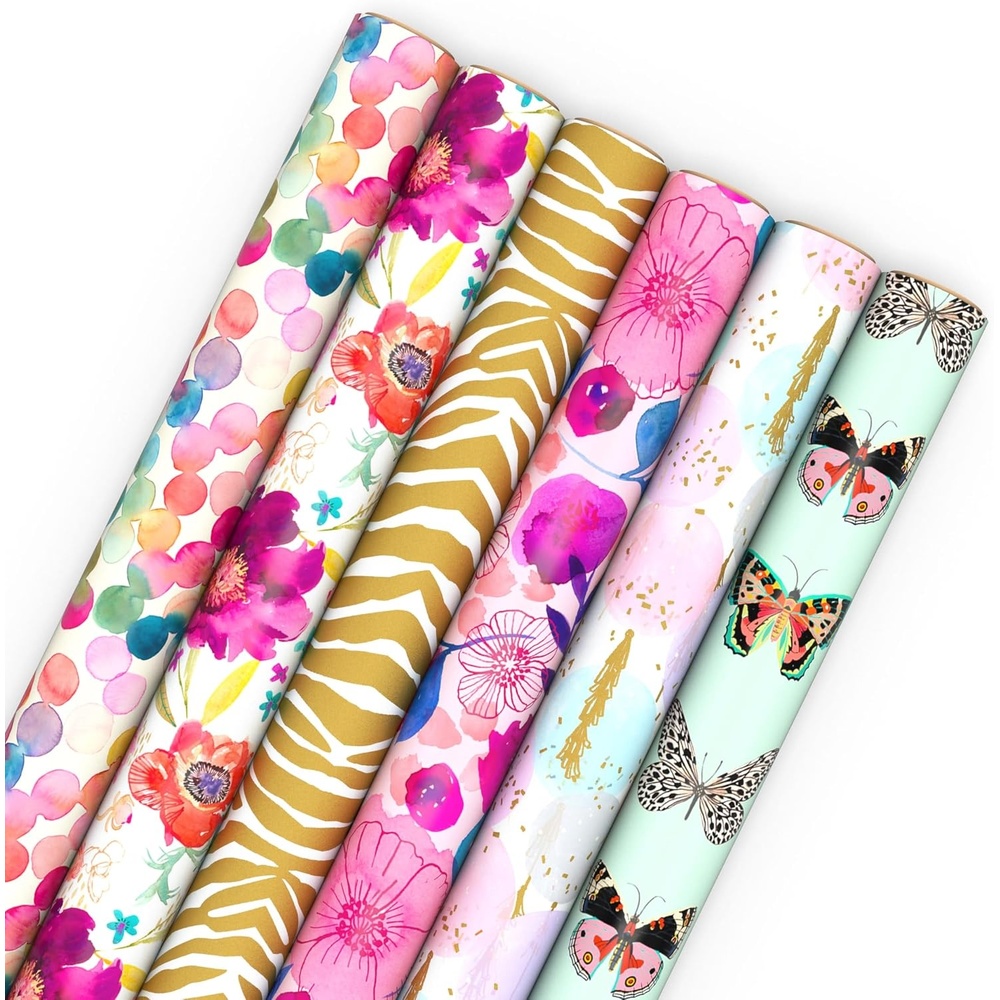 image:imageHallmark Wrapping Paper Rolls for Birthday Bridal Shower Baby Shower Gift Wrap Paper Set of 6 Rolls 180 sq ft ttl Butterflies Gold Animal Print Pink Flowers for All OccasionsButterflies  Gold Animal Print  Floral 6 Rolls