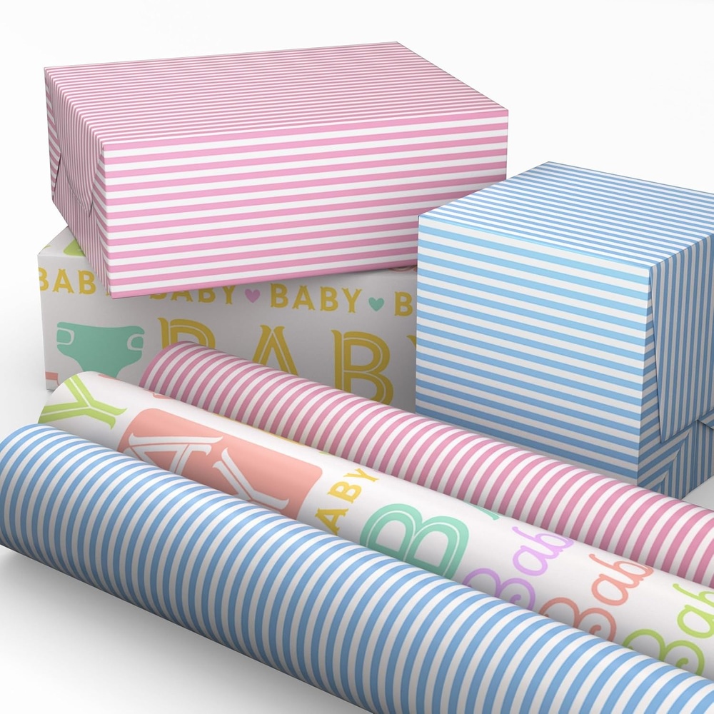 image:imageHallmark Wrapping Paper Rolls for Birthday Bridal Shower Baby Shower Gift Wrap Paper Set of 6 Rolls 180 sq ft ttl Butterflies Gold Animal Print Pink Flowers for All OccasionsPink and Blue Stripes  Baby Icons 3 Mini Rolls