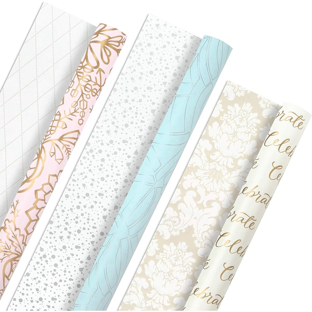 image:imageHallmark Wrapping Paper Rolls for Weddings Bridal Showers Birthdays  Gold and White Gift Wrap Paper Set of 3 Rolls 105 sq ft ttl Metallic Striped and Polka Dot for All OccasionsPink  Blue  White
