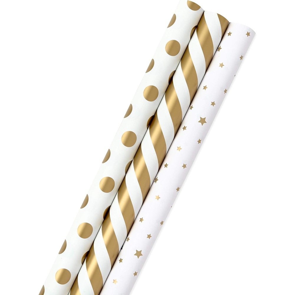 image:imageHallmark Wrapping Paper Rolls for Weddings Bridal Showers Birthdays  Gold and White Gift Wrap Paper Set of 3 Rolls 105 sq ft ttl Metallic Striped and Polka Dot for All OccasionsMetallic White and Gold