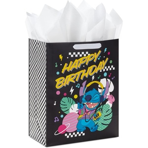 Birthday Hallmark Disney 13″ Large Gift Bag with Tissue Paper (Minnie Mouse, Yellow and Orange with Pink Polka Dots), Kids, Adults, Fans(Lilo and Stitch)