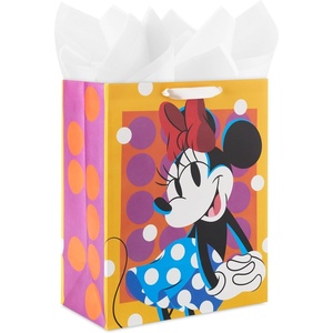 Birthday Hallmark Disney 13″ Large Gift Bag with Tissue Paper (Minnie Mouse, Yellow and Orange with Pink Polka Dots), Kids, Adults, Fans(Minnie Mouse)