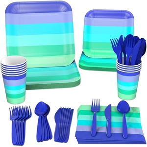 Crayola Color Pop Cool Rainbow Stripe Party Supplies (12 Dinner Plates, 12 Dessert Plates, 12 Paper Cups, 24 Napkins, 12 Sets of Plastic Cutlery) for Birthdays, Baby Showers (5CLP1009)(Indigo  Aquamarine Blue  Sea Green  Teal)
