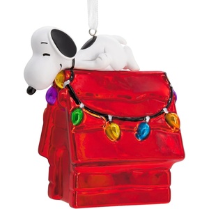 Hallmark Peanuts Snoopy on Holiday Doghouse Christmas Ornament, Blown Glass(Snoopy & Doghouse)
