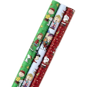 Hallmark Peanuts Wrapping Paper Rolls for Birthdays, Easter, Christmas (Set of 3 Rolls: 60 Sq. Ft. Total) Snoopy, Charlie Brown, Woodstock, Green, Blue, Red(Christmas Wrapping Paper)