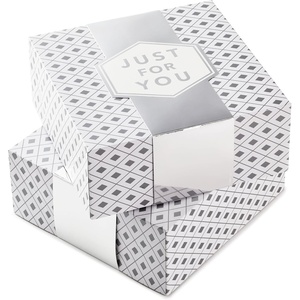 Hallmark Small Gift Boxes with Wrap Band (2-Pack: Gray Geometric, Gold “Enjoy!”) 4 inch Boxes for Weddings, Graduations, Engagements, Birthdays, Housewarmings, Wrapped Treats and Cookies(White and Silver)