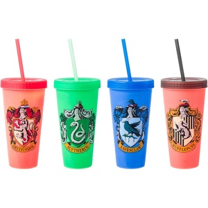 Silver Buffalo Rainbow Brite 4 pack Color Change Plastic Tumbler Set Featuring Rainbow Brite, Patty O’Green, La La Orange, and Shy Violet, 24 Ounces(Harry Potter House Crests)