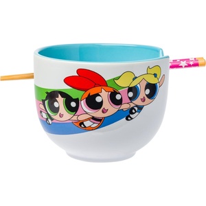 Silver Buffalo Rainbow Brite and Twink Ceramic Ramen Bowl with Chopsticks and Spoon, 20 Ounces(Powerpuff Girls Girl Power)