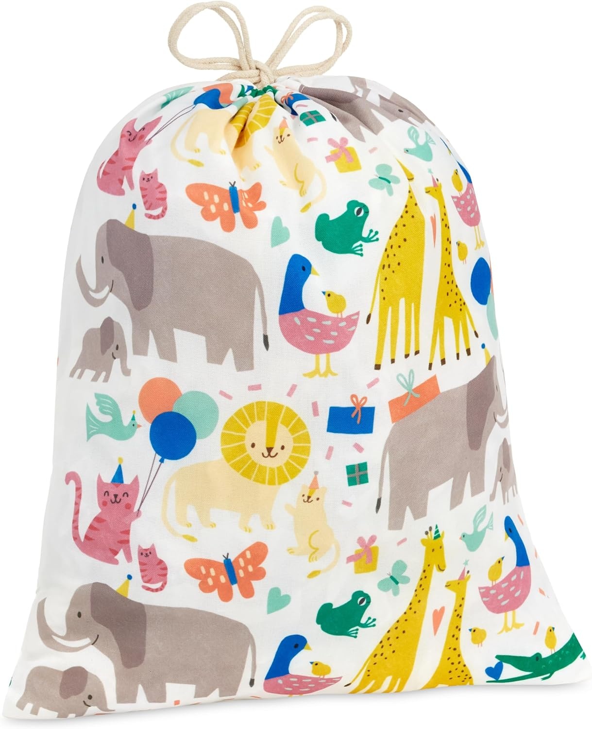 image:imageHallmark 19 Large Canvas Bag with Yellow Drawstring Ivory and Blue for Birthdays Baby Showers Fathers DayZoo Animals
