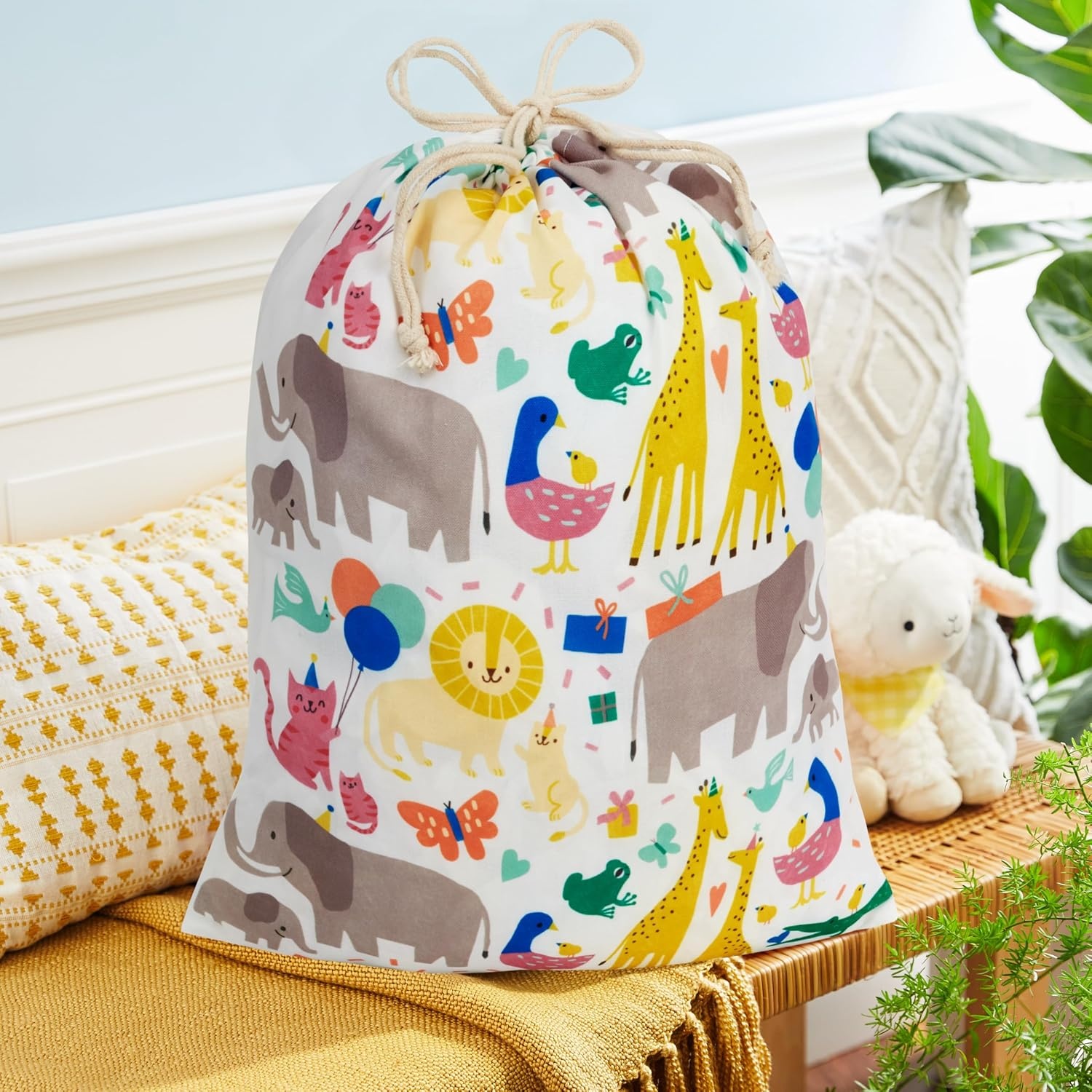 image:imageHallmark 19 Large Canvas Bag with Yellow Drawstring Ivory and Blue for Birthdays Baby Showers Fathers DayZoo Animals