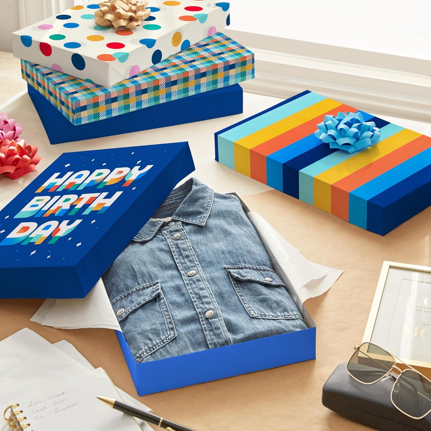 image:imageHallmark Designed Shirt Boxes with Lids 8 Boxes 2 Each of Orange and Blue Stripes Plaid Dots Happy Birthday for Birthdays Fathers Day Graduations8 Assorted Birthday Gift Boxes
