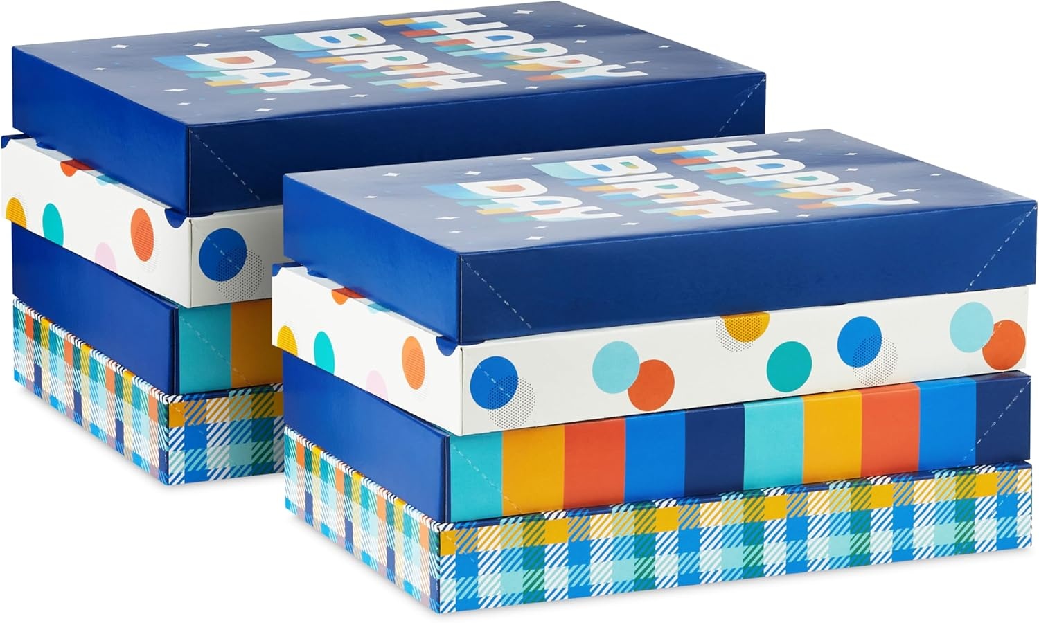 image:imageHallmark Designed Shirt Boxes with Lids 8 Boxes 2 Each of Orange and Blue Stripes Plaid Dots Happy Birthday for Birthdays Fathers Day Graduations8 Assorted Birthday Gift Boxes