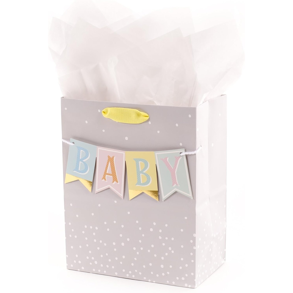 image:imageHallmark 13 Large Gift Bag with Tissue Paper BABY Yellow for Baby Showers New Parents and MoreMedium Pack of 1