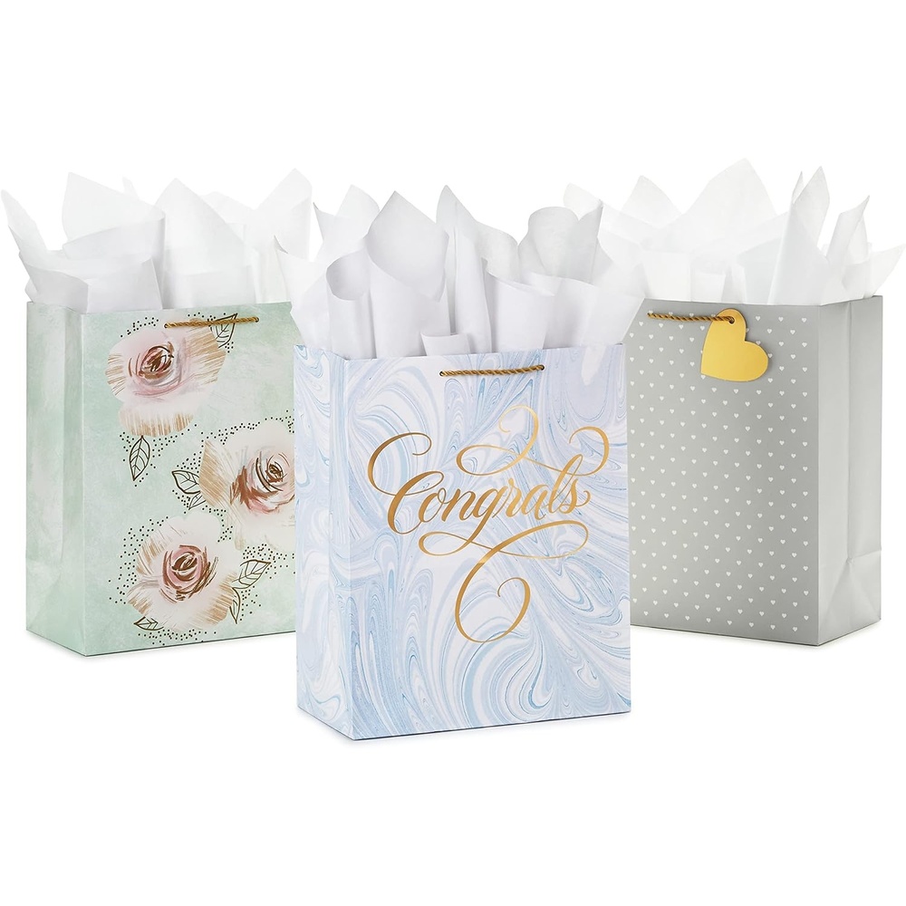 image:imageHallmark 13 Large Gift Bags with Tissue Paper 3 Bags Blue Marble Congrats Polka Dots Flowers for Weddings Anniversary Bridal Showers