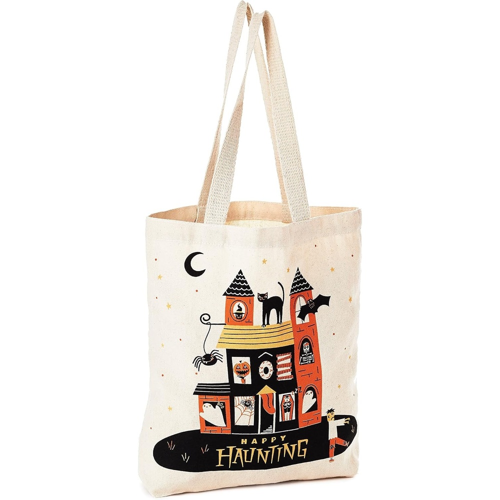 image:imageHallmark 13 Large Halloween Tote Bag Haunted House Reusable Canvas Bag for Trick or Treating Grocery Shopping and MoreHaunted House