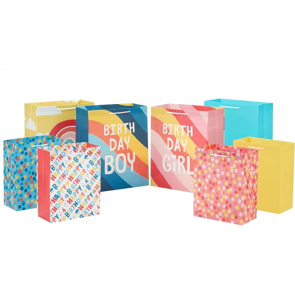 image:imageHallmark 13 Large Kids Birthday Gift Bags Assortment with Tissue Paper  Sloth Dinosaur Unicorn Pack of 3 Gift Bags 9 Sheets of Tissue PaperRainbow  Stripes  Polka Dots  Yellow  Pink  Blue