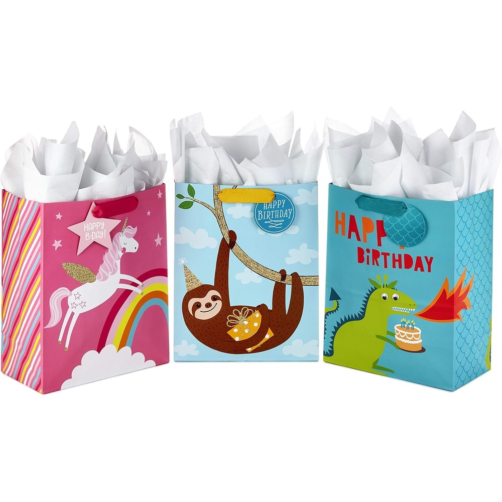 image:imageHallmark 13 Large Kids Birthday Gift Bags Assortment with Tissue Paper  Sloth Dinosaur Unicorn Pack of 3 Gift Bags 9 Sheets of Tissue PaperUnicorn  Sloth  Dinosaur