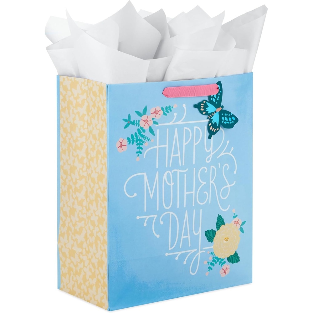 image:imageHallmark 13 Large Mothers Day Gift Bag with Tissue Paper Light Blue with Flowers and Butterfly for Moms Grandmas Nanas Sisters GigiLight Blue
