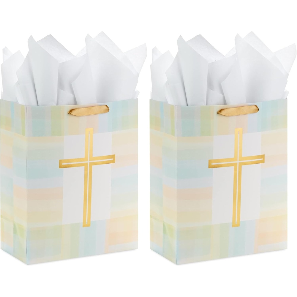 image:imageHallmark 13 Large Religious Gift Bag with Tissue Paper Gold Cross Green Yellow for Easter First Communion Confirmation Weddings Clergy Day Pack of 21 Count Pack of 2