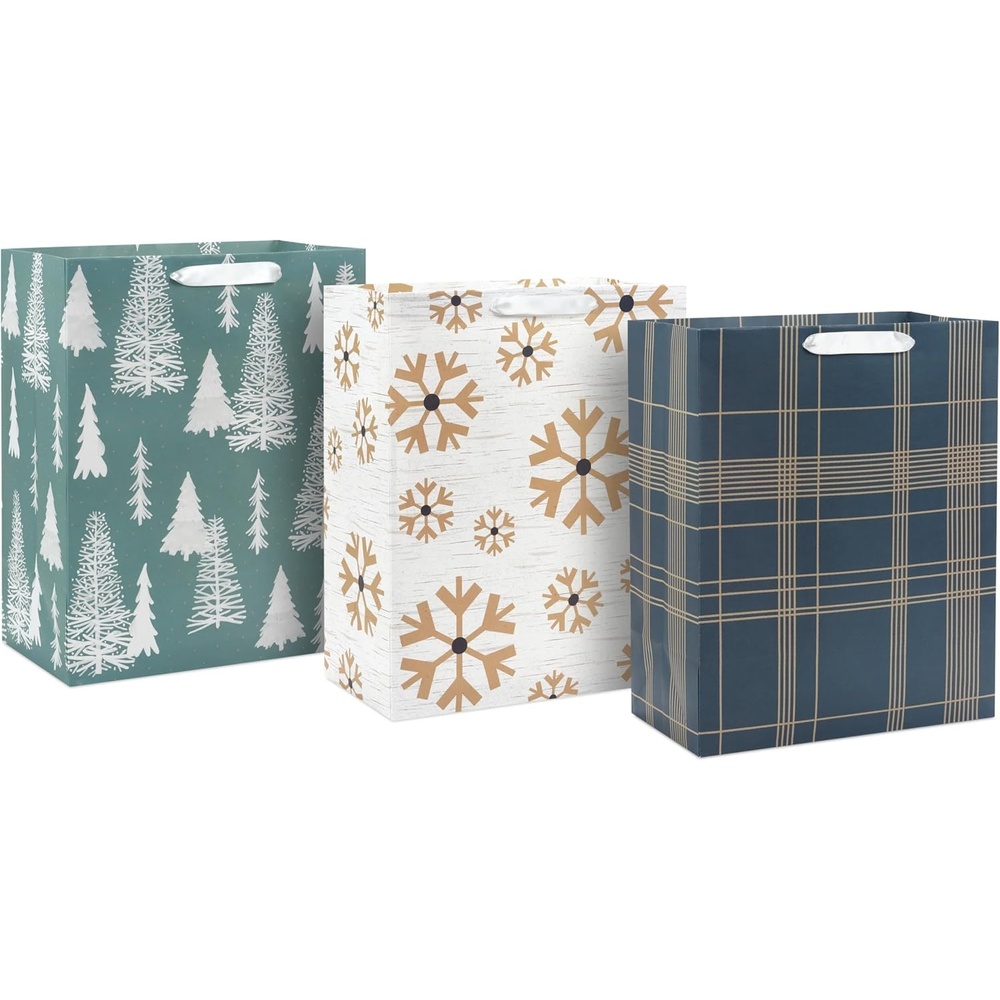 image:imageHallmark 13 Large Winter Gift Bag Assortment 3 Bags Gold Snowflakes Navy Plaid Sage Green TreesNavy  Sage Green