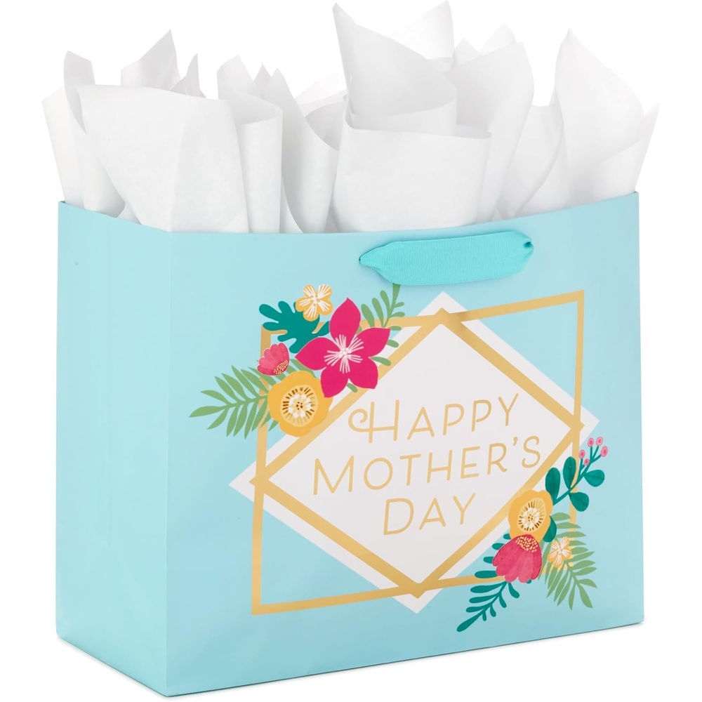 image:imageHallmark 15 Extra Large Gift Bag for Moms with Tissue Paper Tropical Fruit Kiwi Pineapple Lemons Oranges for Mothers Day and BirthdaysLight Blue Floral with Gold Foil