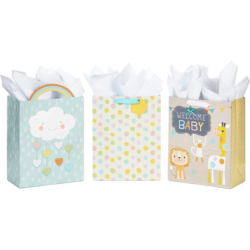 image:imageHallmark 15 Extra Large Gift Bags with Tissue Paper 2 Bags Baby Animals Yellow Gingham for Baby Showers 1st Birthdays Gender Reveal Parties3 count Pack of 1