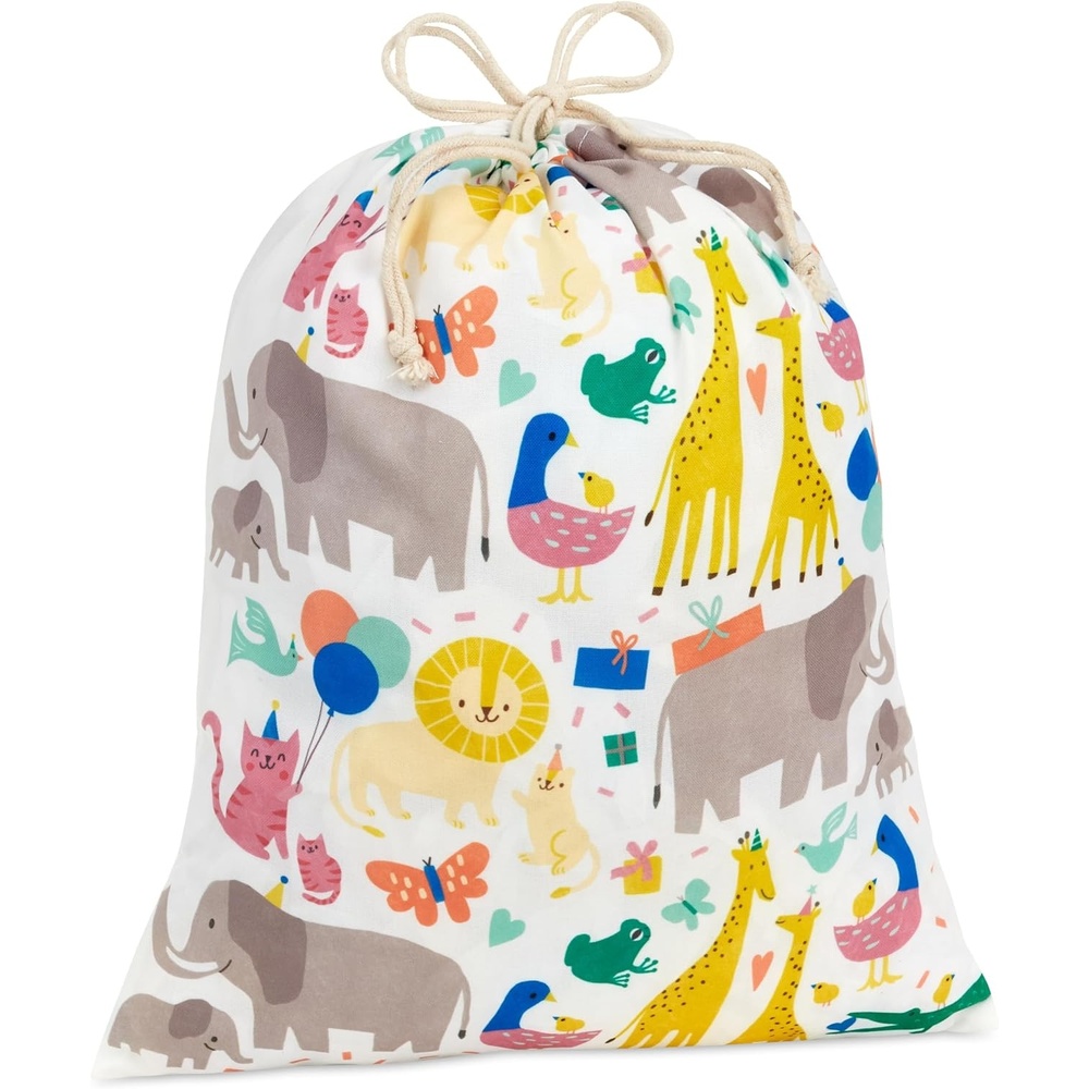 image:imageHallmark 19 Large Canvas Bag with Yellow Drawstring Ivory and Blue for Birthdays Baby Showers Fathers DayZoo Animals