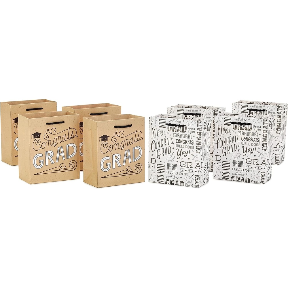 image:imageHallmark 6 Small Graduation Gift Bag Bundle 8 Bags 2 Designs Kraft Congrats Grad Black and White for High School Graduates Preschool Kindergarten College Open House Party Favors