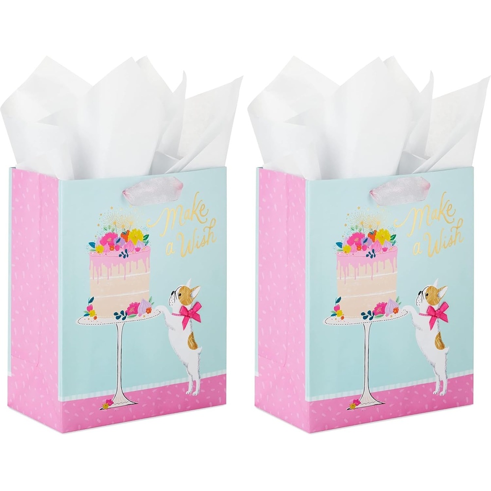 image:imageHallmark 9 Medium Birthday Gift Bag with Tissue Paper Make a Wish Cake and Pug Puppy1 Count Pack of 2