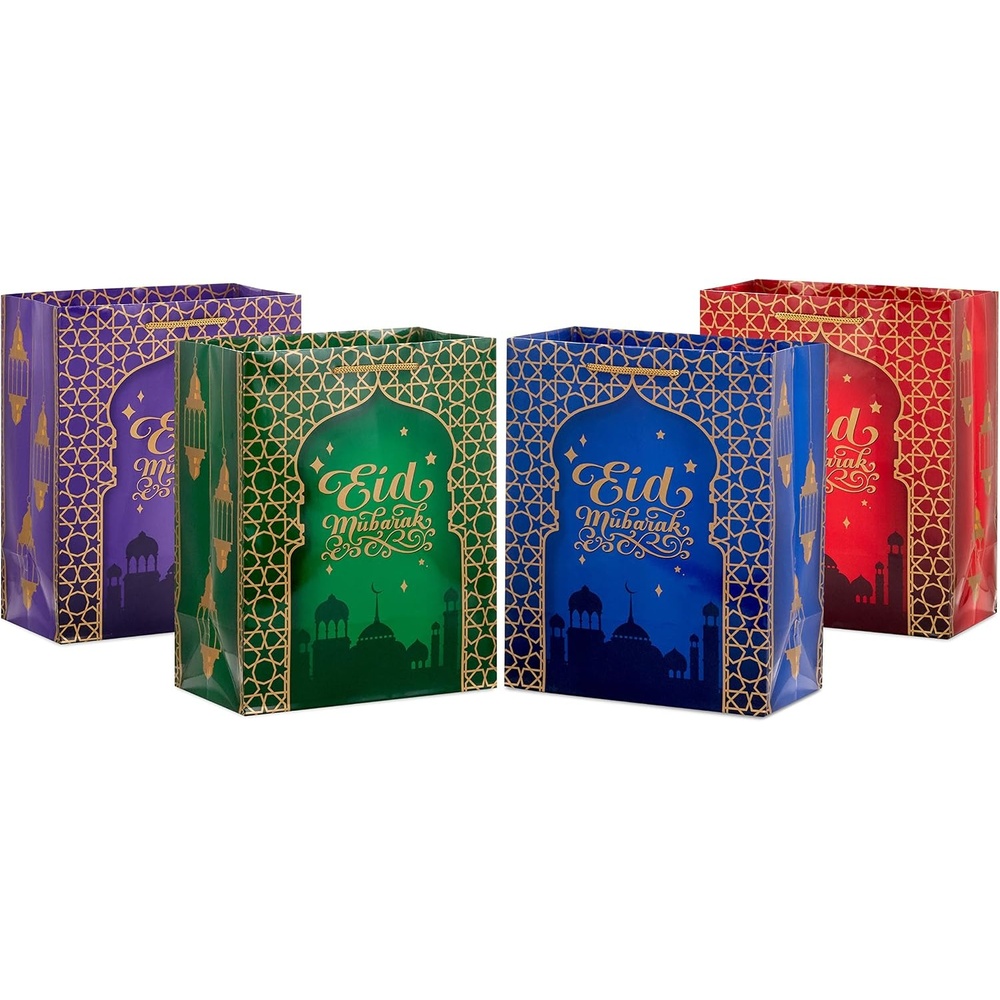 image:imageHallmark 9 Medium Eid Gift Bag Bundle 4 Bags Eid Mubarak with Stars and Skyline in Red Blue Green Purple