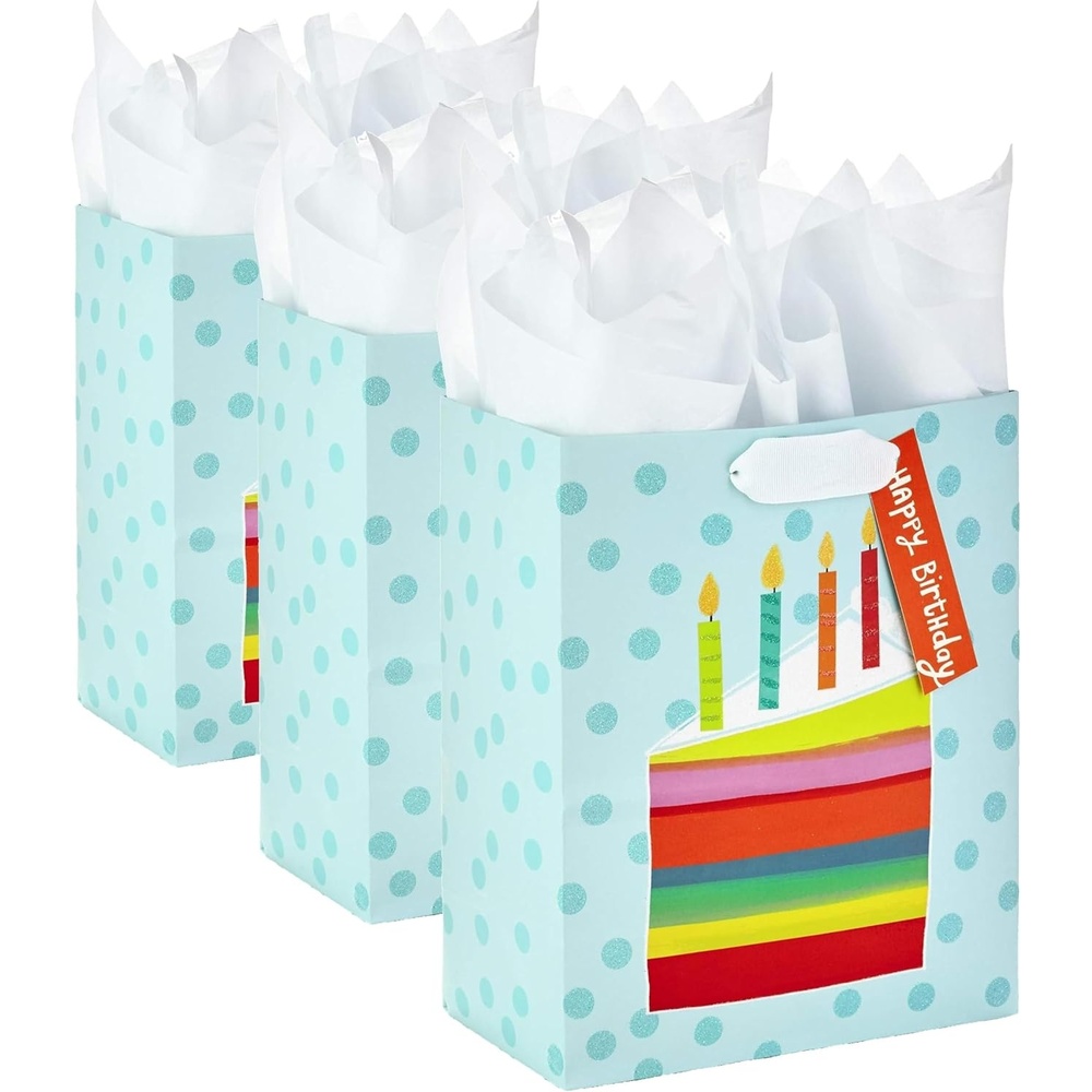 image:imageHallmark 9 Medium Gift Bag with Tissue Paper Rainbow Cake Slice for Birthdays3 count Pack of 3