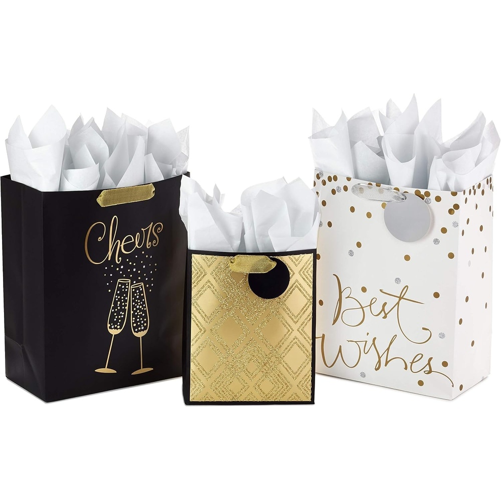 image:imageHallmark All Occasion Gift Bags Assortment with Tissue Paper  Black and Gold Pack of 3 2 Large 13 and 1 Medium 9 for Anniversaries Weddings Birthdays Holidays and More