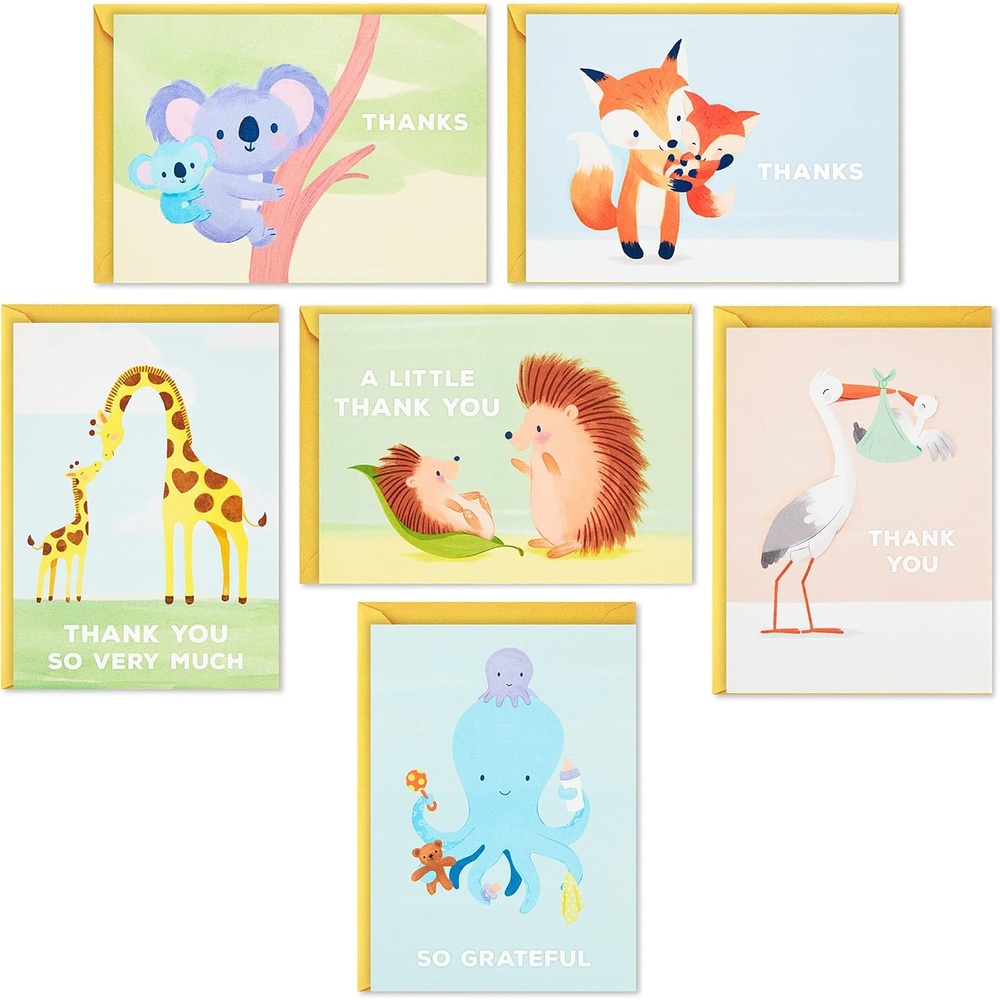 image:imageHallmark Baby Shower Thank You Cards Assortment Baby Animals 48 Cards and EnvelopesStork Giraffes Koalas Octopus Fox Hedgehogs