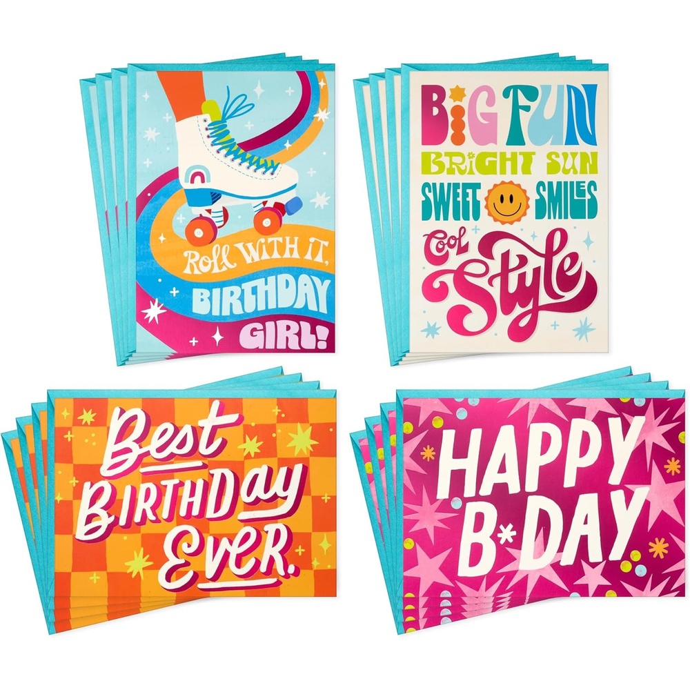 image:imageHallmark Birthday Girl Card Assortment 16 Cards with Envelopes Roller Skates Retro Stars Pink Orange