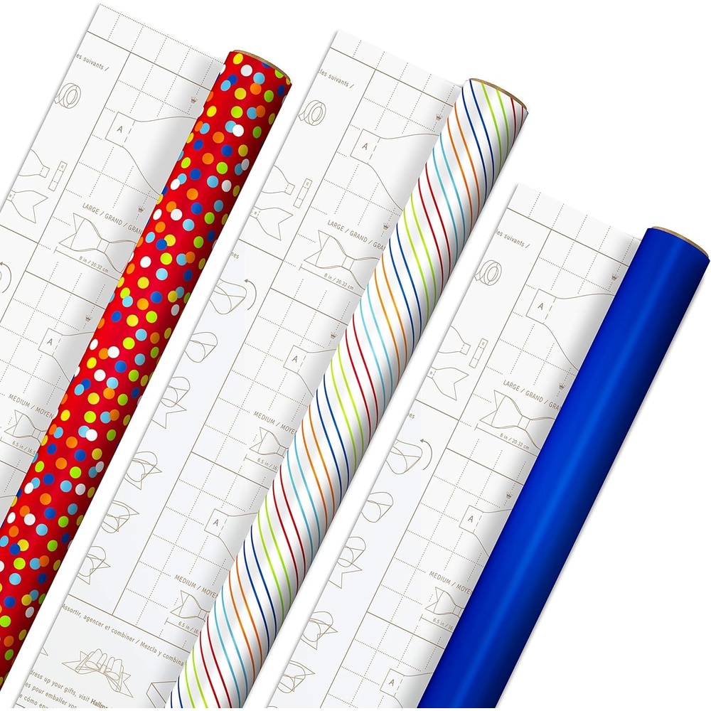 image:imageHallmark Birthday Wrapping Paper Bundle with Cut Lines on Reverse 3Pack 55 sq ft ttl Bright and Holographic Prints and Patterns in Red Blue Yellow White and MorePolka Dots  Rainbow Stripes  Solid Blue