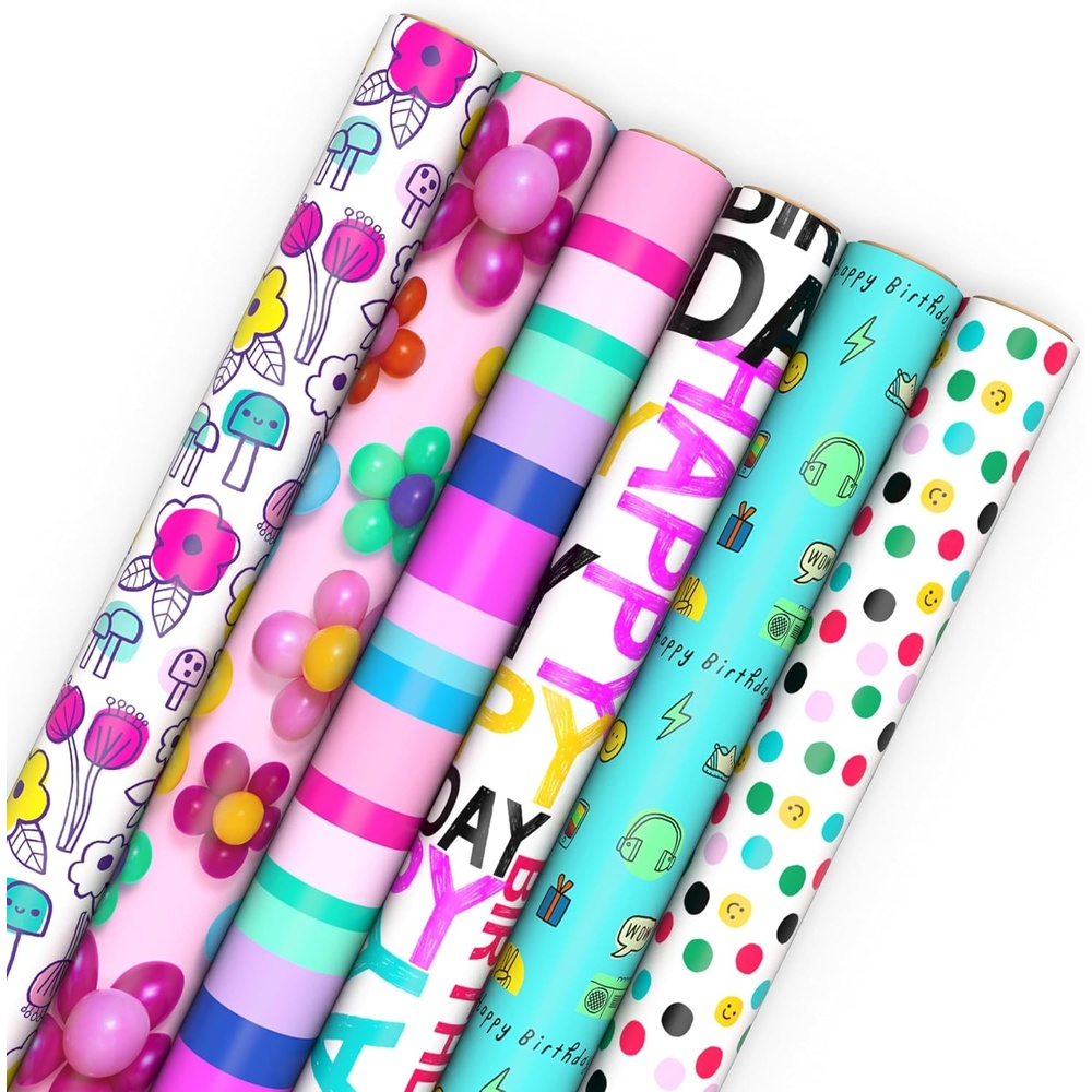 image:imageHallmark Birthday Wrapping Paper Rolls  Flowers Stripes Pink Teal and Black Polka Dots Gift Wrap Paper Set of 6 Rolls 180 sq ft ttlStripes  Polka Dots  Flowers  Smiley Face
