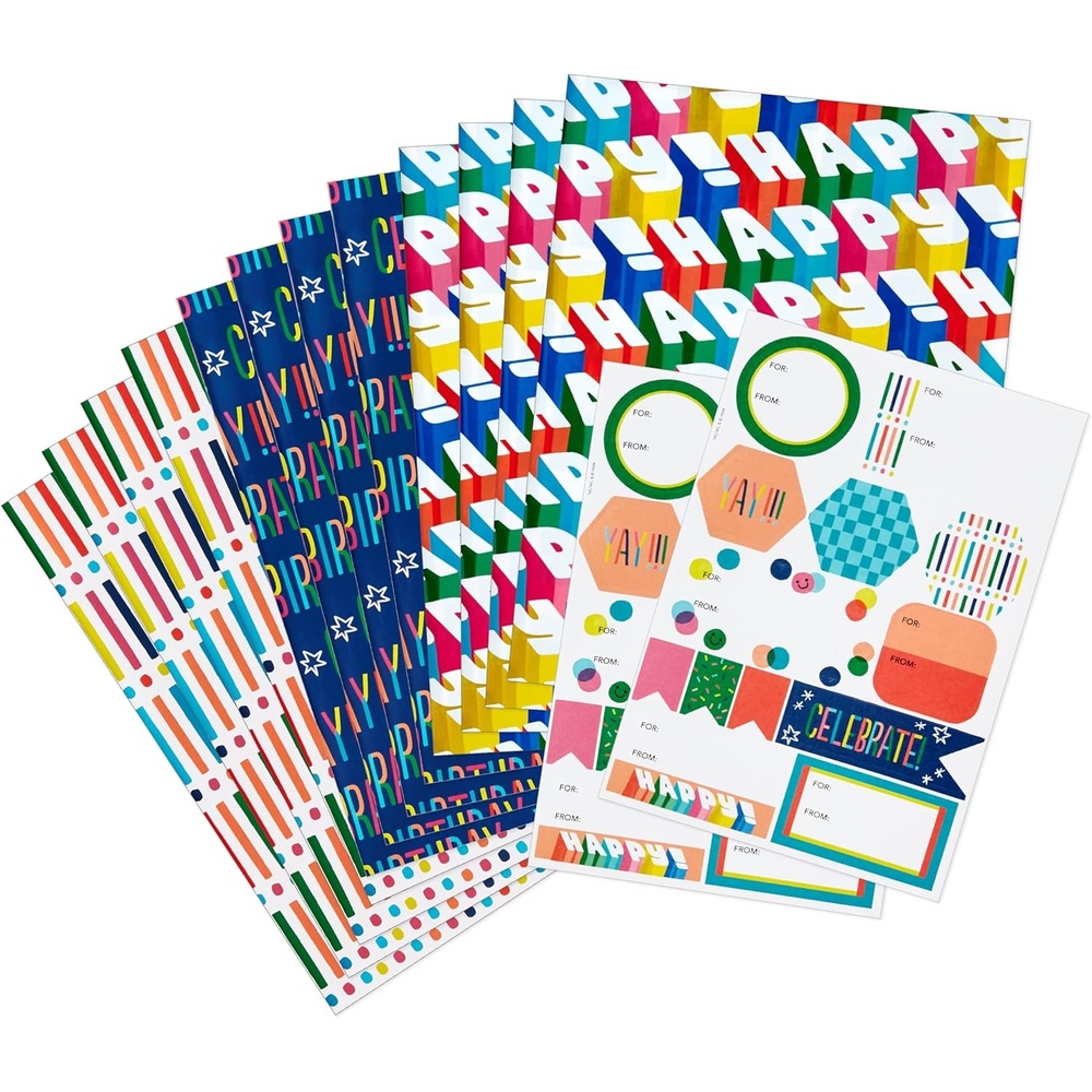 image:imageHallmark Flat Birthday Wrapping Paper Sheets with Cutlines on Reverse 12 Folded Sheets with Sticker Seals Happy Birthday Red Confetti Blue with CakesNavy  Red  Rainbow
