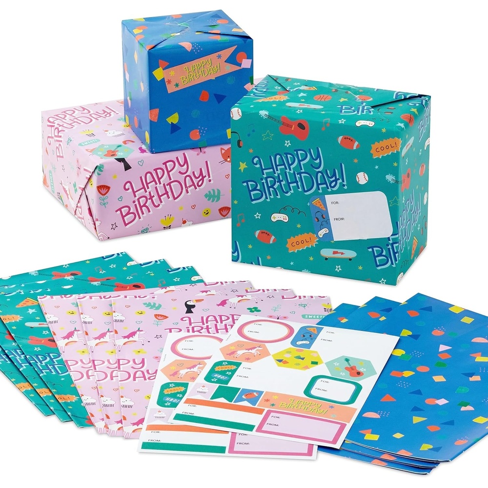 image:imageHallmark Flat Birthday Wrapping Paper Sheets with Cutlines on Reverse 12 Folded Sheets with Sticker Seals Happy Birthday Red Confetti Blue with CakesPink  Blue  Green