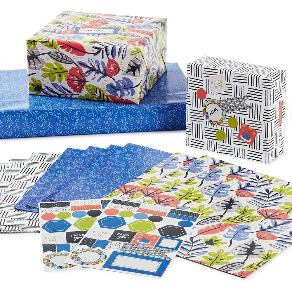 image:imageHallmark Flat Wrapping Paper Sheets for Birthdays Graduations Bridal Showers 12 Folded Sheets with Sticker Seals Black and White Crosshatch Blue Floral Tropical GreeneryColorful Floral  Black and White  Blue