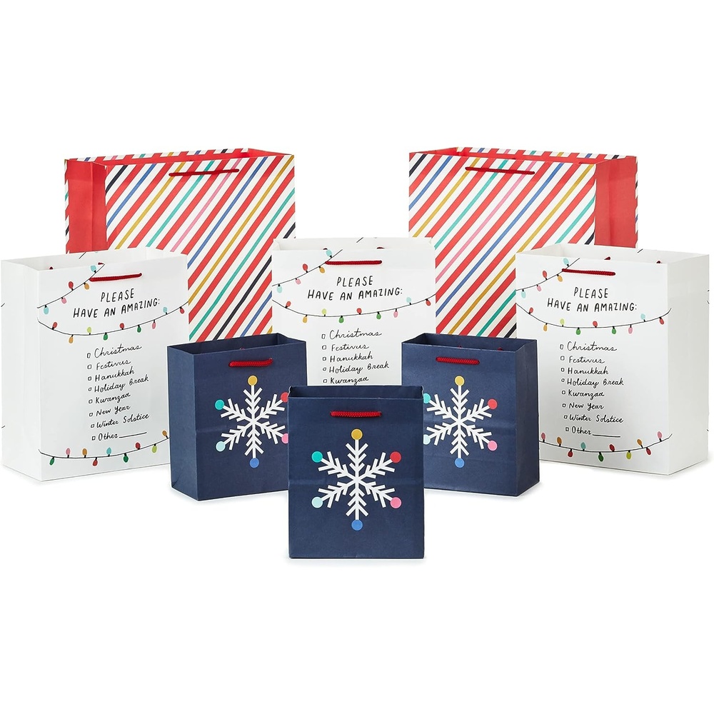 image:imageHallmark Good Mail Holiday Gift Bag Assortment 8 Bags 3 Small 6 3 Medium 9 2 Large 13 Snowflake Rainbow Stripes Holiday Checklist for Christmas Festivus Hanukkah Kwanzaa Winter Solstice