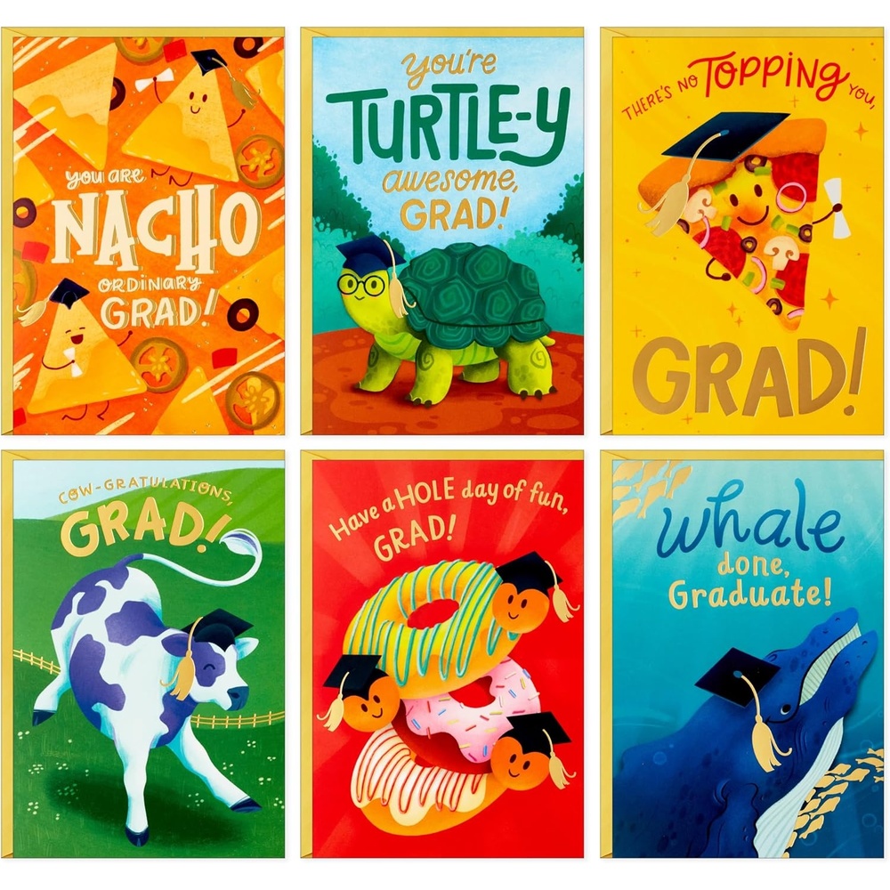 image:imageHallmark Graduation Cards for Kids Bulk Assortment 36 Cards with Envelopes Pizza Nachos Turtle Cow Donut for Preschool Kindergarten Elementary and MoreAssorted Punny Graduation Cards for Kids