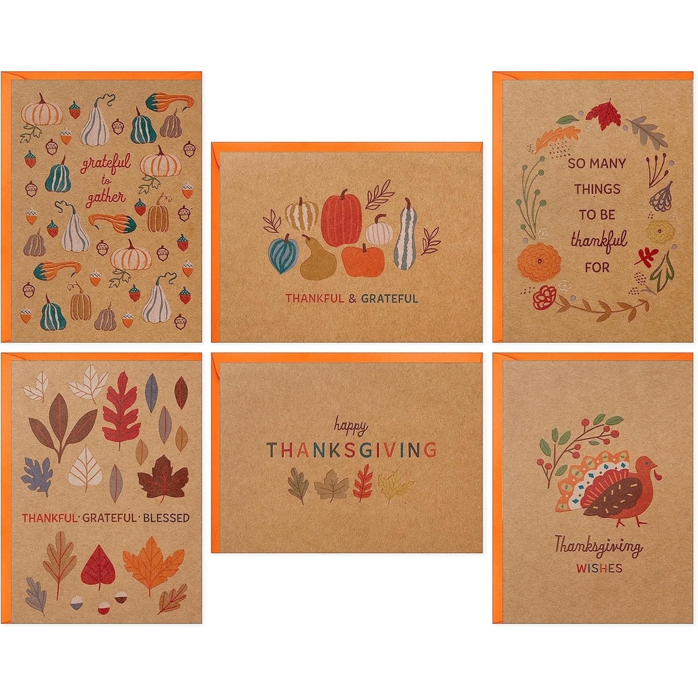 image:imageHallmark Kraft Thanksgiving Cards Assortment 24 Assorted Cards with Envelopes Leaves Pumpkins GourdsThanksgiving Icons on Kraft Notecards