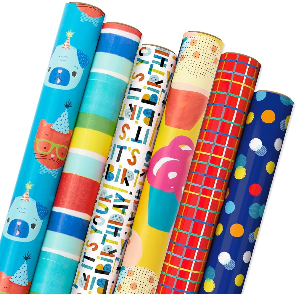 image:imageHallmark Navy Blue and Gold Wrapping Paper Rolls for Graduation Birthday Wedding Fathers Day All Occasion  Metallic Striped and Geometric Gift Wrap Paper Set of 3 Rolls 105 sq ft ttlCats and Dogs  Stripes  Cupcakes  Grid  Polka Dots