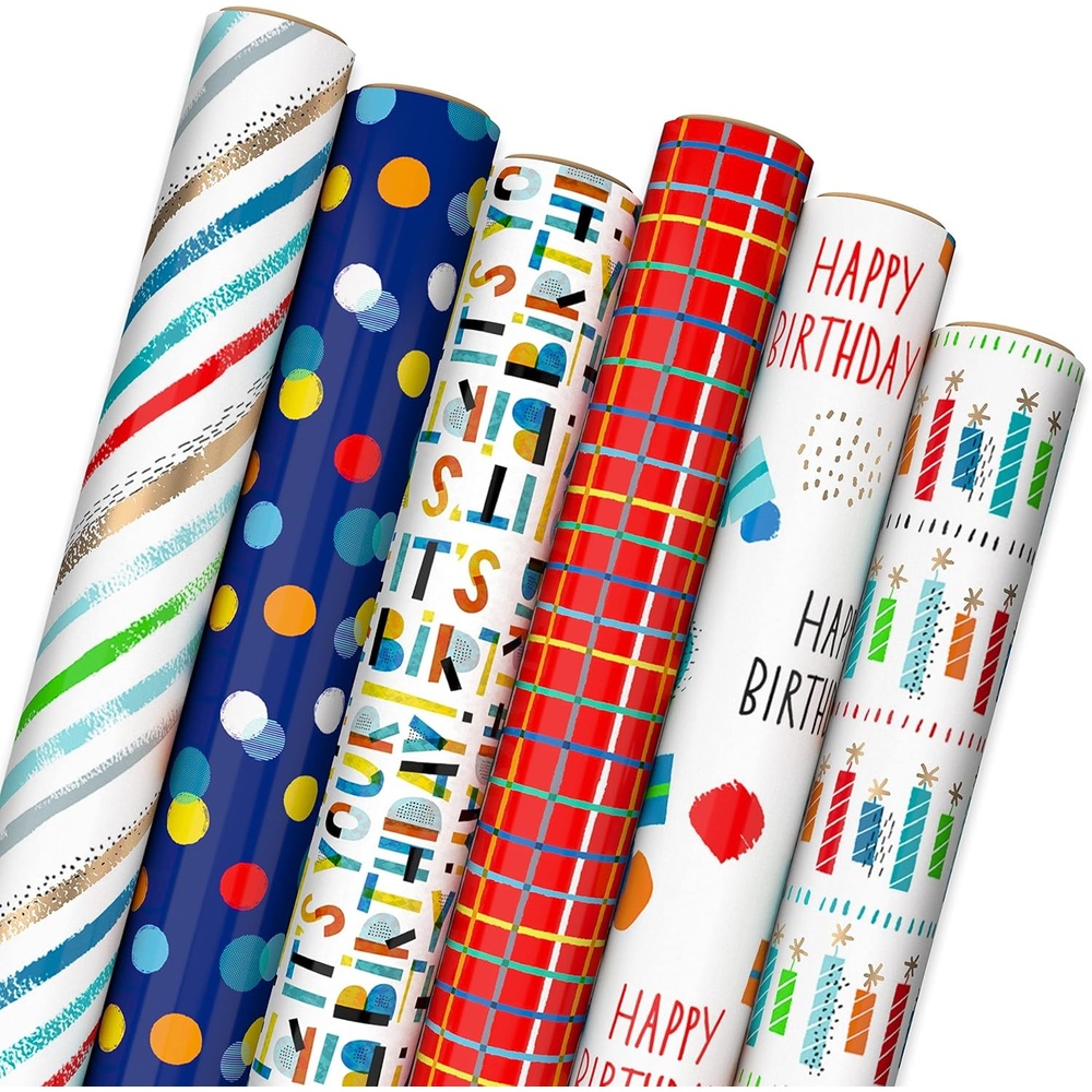image:imageHallmark Navy Blue and Gold Wrapping Paper Rolls for Graduation Birthday Wedding Fathers Day All Occasion  Metallic Striped and Geometric Gift Wrap Paper Set of 3 Rolls 105 sq ft ttlStripes  Polka Dots  Grid  Birthday Candles