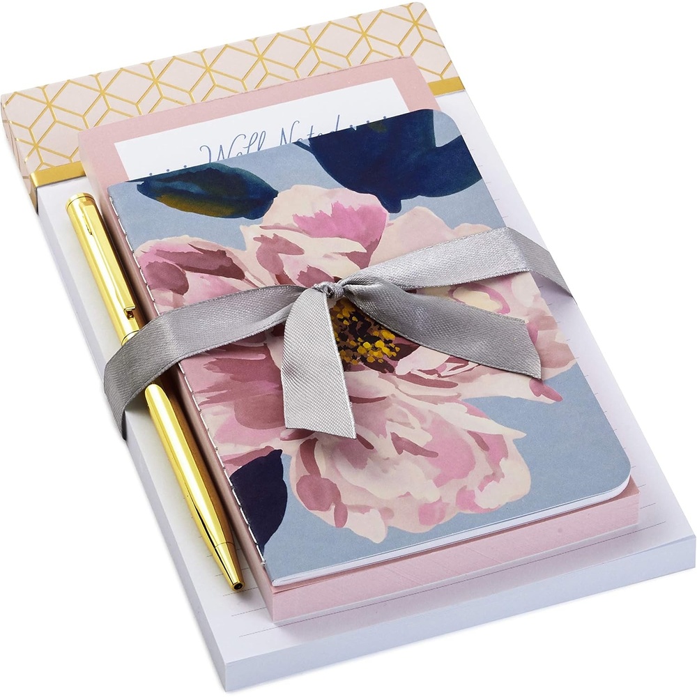 image:imageHallmark Notepad Bundle with Pen Pretty Pinks 3 Notepads in Assorted Sizes with Gold Pen