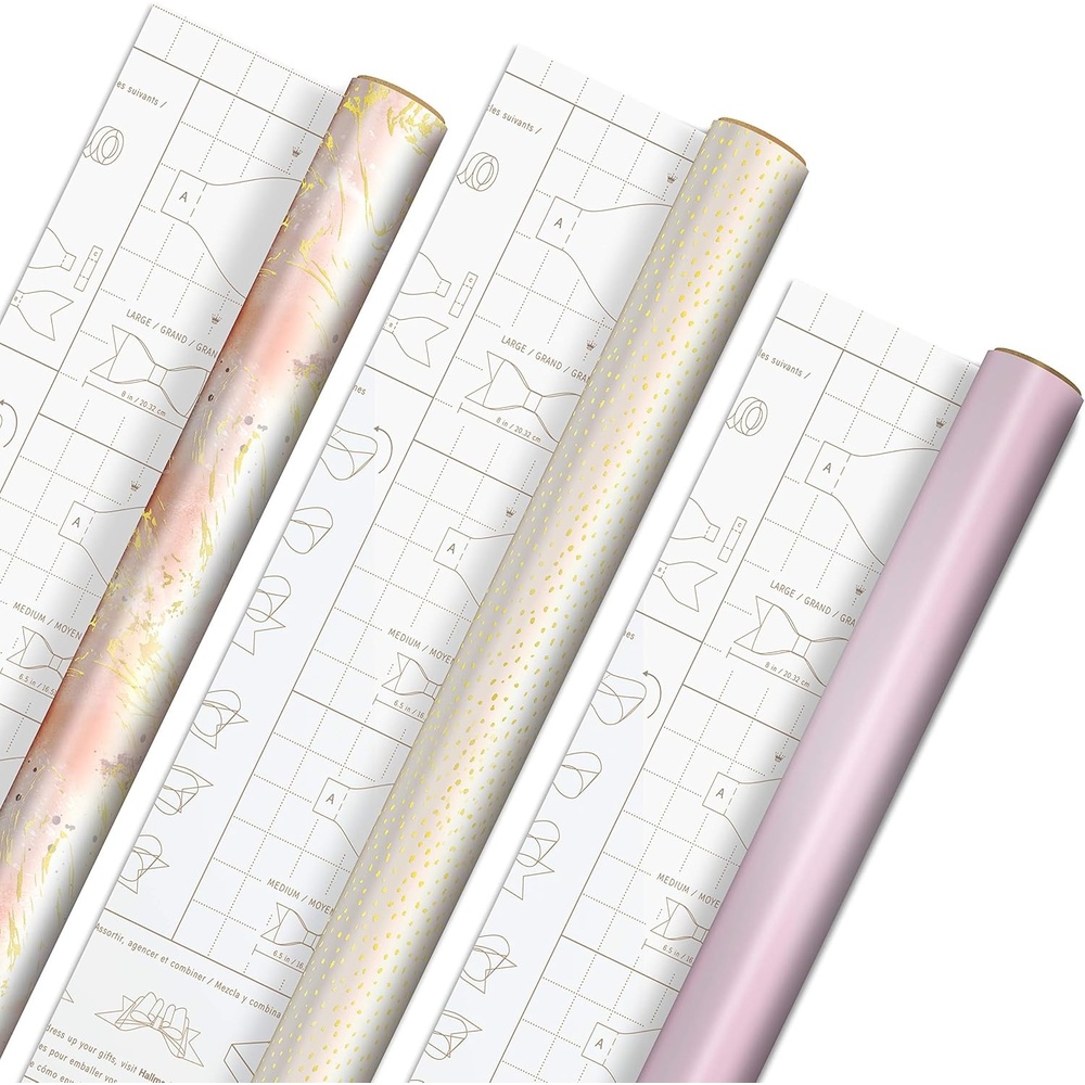 image:imageHallmark Pink and Gold Wrapping Paper Roll Bundle with DIY Bow Templates on Reverse 3Pack 75 sq ft ttl for Valentines Day Birthdays Weddings Bridal Showers CraftsPink and Gold