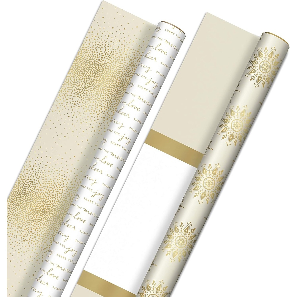 image:imageHallmark Reversible White and Gold Wrapping Paper  Bulk 2 Jumbo Rolls 160 sq ft ttl Share the Joy Cheer Merry Love Stripes Dots Snowflakes for Christmas Hanukkah Weddings Graduations