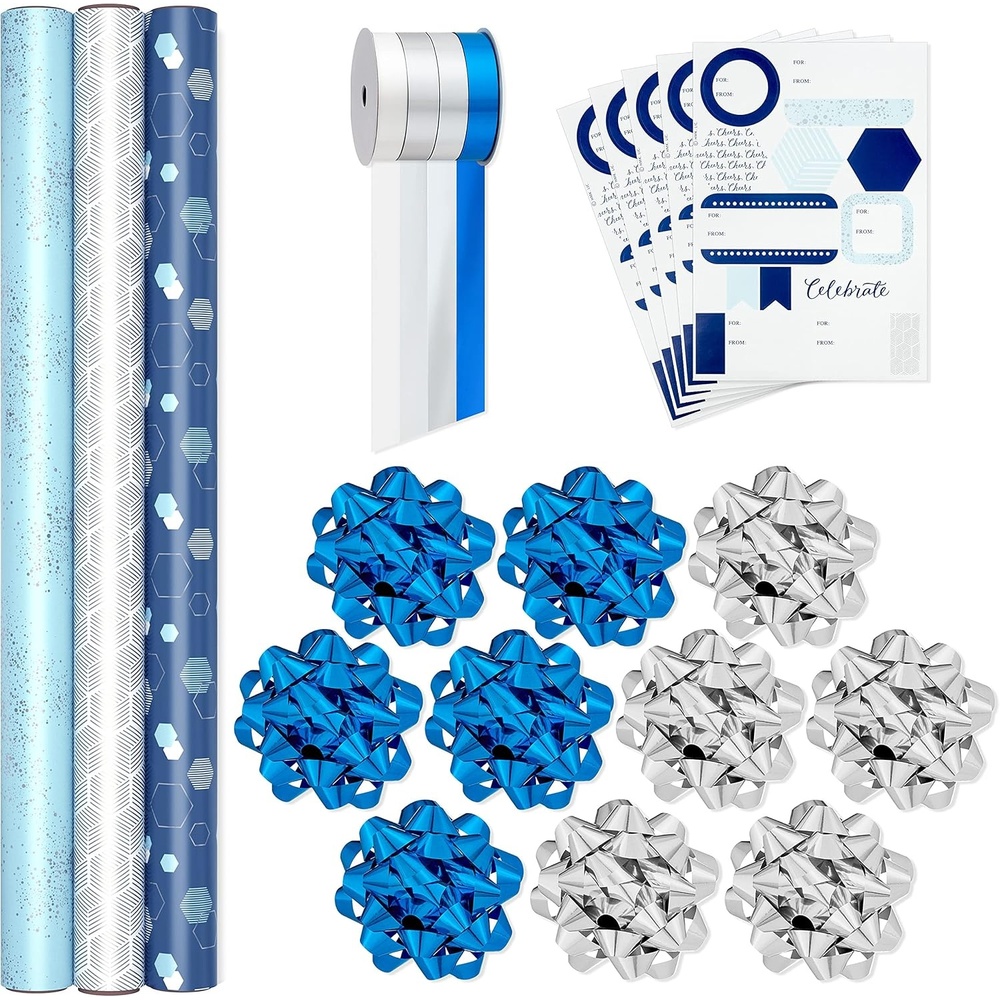 image:imageHallmark Reversible Wrapping Paper Bundle with Ribbon amp Gift Tag Stickers  Black Gold Stripes Plaid 3 Pack 120 sq ft TTL 30 Yds Mini Ribbon 36 Labels for Graduations Weddings ChristmasBlue and Silver