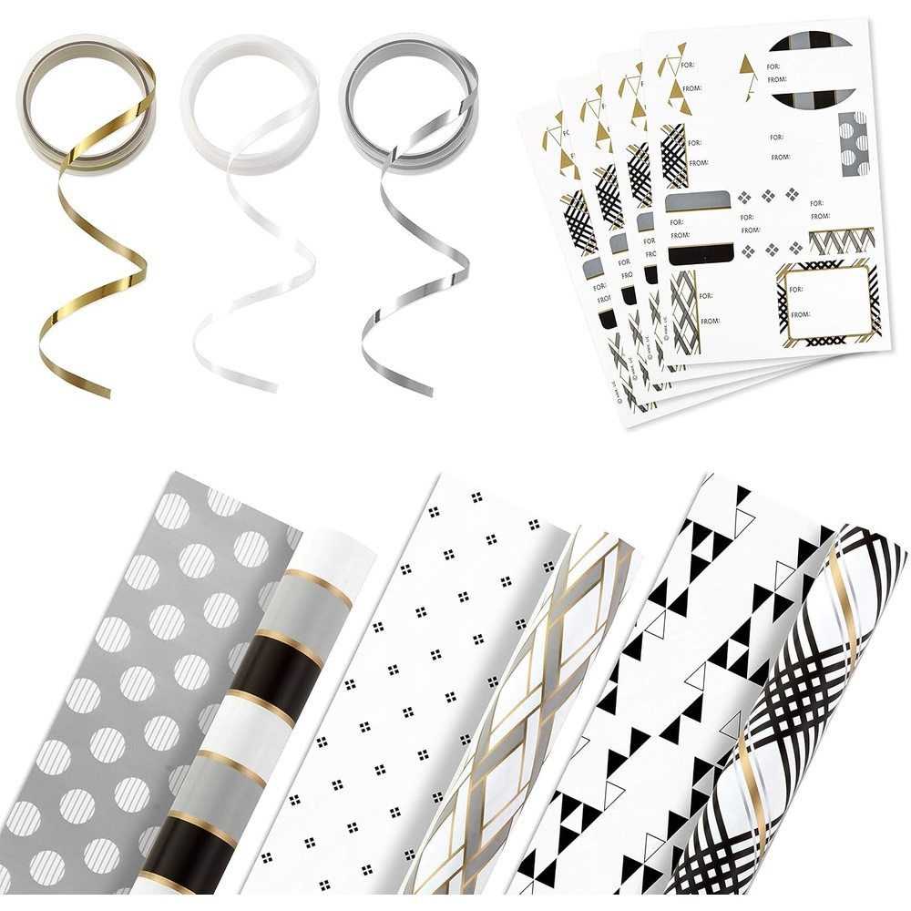 image:imageHallmark Reversible Wrapping Paper Bundle with Ribbon amp Gift Tag Stickers  Black Gold Stripes Plaid 3 Pack 120 sq ft TTL 30 Yds Mini Ribbon 36 Labels for Graduations Weddings ChristmasWhite  Black  Gold  Gray